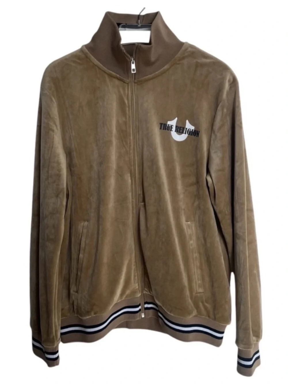 TRUE RELIGION Velour Tour Track Jacket World Tour Travertine Sz M